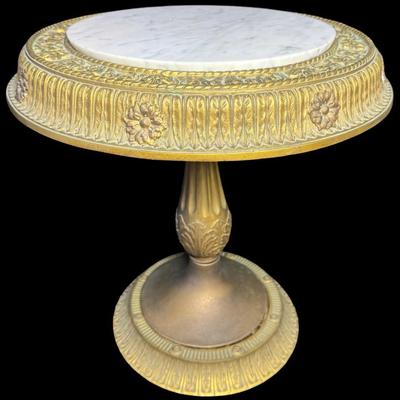 Sale Photo Thumbnail #203: This is a brass Regency modern telephone table with a marble top. There is a bell flower motif on the border. Measurement: 19”H x 17.5”W. [JP]