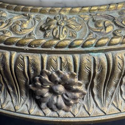 Sale Photo Thumbnail #206: This is a brass Regency modern telephone table with a marble top. There is a bell flower motif on the border. Measurement: 19”H x 17.5”W. [JP]