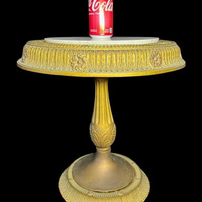 Sale Photo Thumbnail #205: This is a brass Regency modern telephone table with a marble top. There is a bell flower motif on the border. Measurement: 19”H x 17.5”W. [JP]