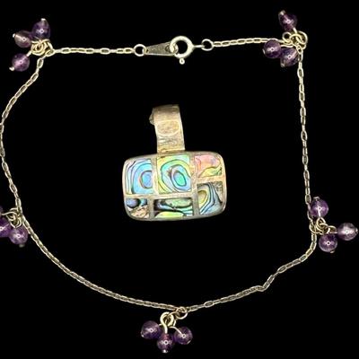 Sale Photo Thumbnail #212: [9.27g] Includes an anklet, and an inlaid abalone pendant. Length of anklet: 9”. [JP]