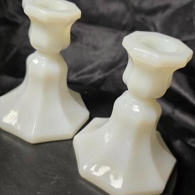 Pair of Vintage Anchor Hocking Milk Glass Taper Candle Holders