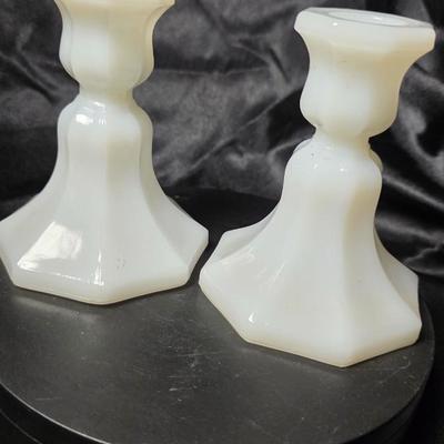 Pair of Vintage Anchor Hocking Milk Glass Taper Candle Holders