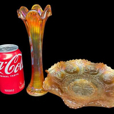 Sale Photo Thumbnail #243: Includes a Fenton dragon and lotus bowl, and a swung glass vase. Total of two pieces. No obvious chips or cracks. Measurement of largest: 9”H. [JP]