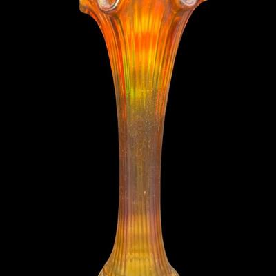 Sale Photo Thumbnail #244: Includes a Fenton dragon and lotus bowl, and a swung glass vase. Total of two pieces. No obvious chips or cracks. Measurement of largest: 9”H. [JP]