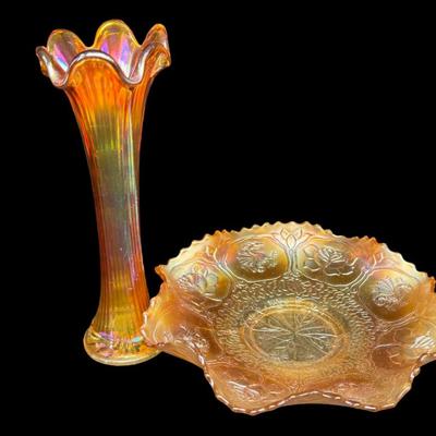 Sale Photo Thumbnail #242: Includes a Fenton dragon and lotus bowl, and a swung glass vase. Total of two pieces. No obvious chips or cracks. Measurement of largest: 9”H. [JP]