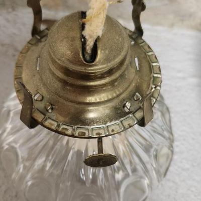 Sale Photo Thumbnail #458: Thumbprint and Bar oil lamp and a spectacular turquoise Glass Lamp