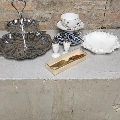 Sale Photo Thumbnail #466: Pair of milkglass salt and pepper, silvercrest dish, those teacups are beautiful - notice the signature