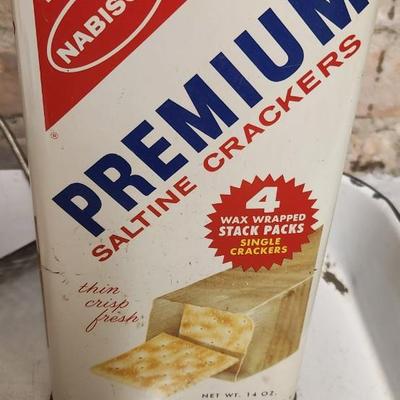 Sale Photo Thumbnail #486: Skippy mixed nuts tin, Premium Cracker Tin, Enamelware Baking Pan...that red trimmed ladle is awesome