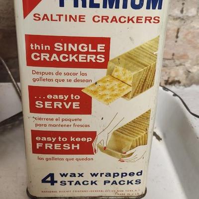 Sale Photo Thumbnail #487: Skippy mixed nuts tin, Premium Cracker Tin, Enamelware Baking Pan...that red trimmed ladle is awesome