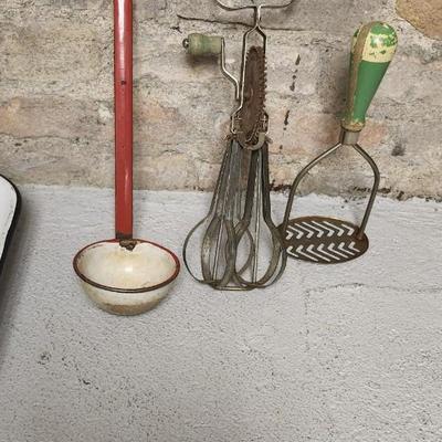 Sale Photo Thumbnail #491: Skippy mixed nuts tin, Premium Cracker Tin, Enamelware Baking Pan...that red trimmed ladle is awesome