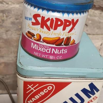 Sale Photo Thumbnail #485: Skippy mixed nuts tin, Premium Cracker Tin, Enamelware Baking Pan...that red trimmed ladle is awesome