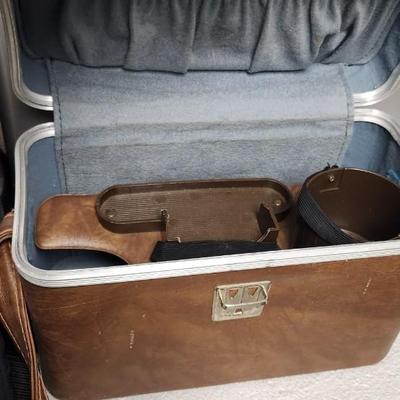 Sale Photo Thumbnail #494: 5 camera Cases, blue soft side, brown leather vintage and 3 metal cases