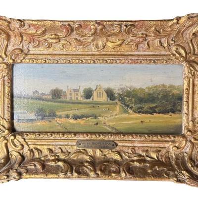 Sale Photo Thumbnail #254: Signed W.H. Borrow in the bottom left corner. This is a landscape scene with farms and estate in the background. The gesso frame has some cracking throughout, commensurate with age. Measurement: 16”W x 10”H. Pre-auction estimate: $300-$500. [JP]