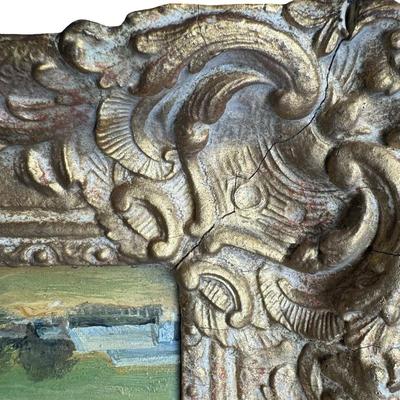 Sale Photo Thumbnail #257: Signed W.H. Borrow in the bottom left corner. This is a landscape scene with farms and estate in the background. The gesso frame has some cracking throughout, commensurate with age. Measurement: 16”W x 10”H. Pre-auction estimate: $300-$500. [JP]