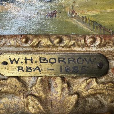 Sale Photo Thumbnail #256: Signed W.H. Borrow in the bottom left corner. This is a landscape scene with farms and estate in the background. The gesso frame has some cracking throughout, commensurate with age. Measurement: 16”W x 10”H. Pre-auction estimate: $300-$500. [JP]