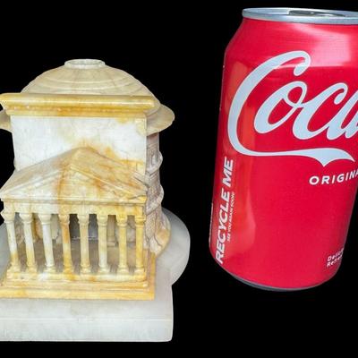 Sale Photo Thumbnail #261: This piece was most likely purchased as a keepsake of the “Grand Tour” in Europe in the late 19th century, while visiting Rome. It is made entirely of alabaster. There is minor chipping or flea bites along the dome. Measurement: 5”W x 4”H. [JP]