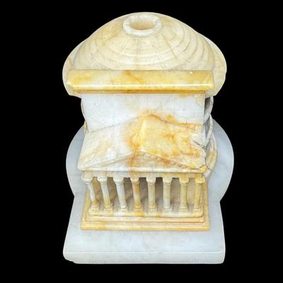 Sale Photo Thumbnail #260: This piece was most likely purchased as a keepsake of the “Grand Tour” in Europe in the late 19th century, while visiting Rome. It is made entirely of alabaster. There is minor chipping or flea bites along the dome. Measurement: 5”W x 4”H. [JP]