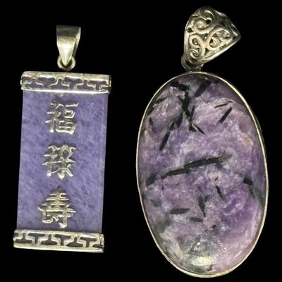 Sale Photo Thumbnail #265: [17.85g] Includes a purple jade cartouche pendant, and a purple turquoise pendant. Measurement of longest: 1.5”. [JP]