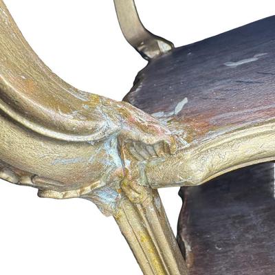 Sale Photo Thumbnail #288: This piece features quarter sawn wood, with scalloped edges. There is gilded painting on the borders. This piece is all wood. It has had a modern repair to one of the legs. Measurement: 21”H x 22”W. [JP]