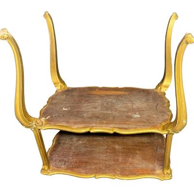 Sale Photo Thumbnail #287: This piece features quarter sawn wood, with scalloped edges. There is gilded painting on the borders. This piece is all wood. It has had a modern repair to one of the legs. Measurement: 21”H x 22”W. [JP]