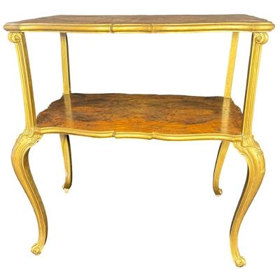 Sale Photo Thumbnail #285: This piece features quarter sawn wood, with scalloped edges. There is gilded painting on the borders. This piece is all wood. It has had a modern repair to one of the legs. Measurement: 21”H x 22”W. [JP]