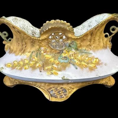 Sale Photo Thumbnail #311: Includes a console dish, and a bud vase. The bud vase has the artist’s signature on the base, and the console dish was made by Depose’ of Austria. There may or may not be flea bites or cracks in the glaze only. Measurement of longest: 8”L. [JP]