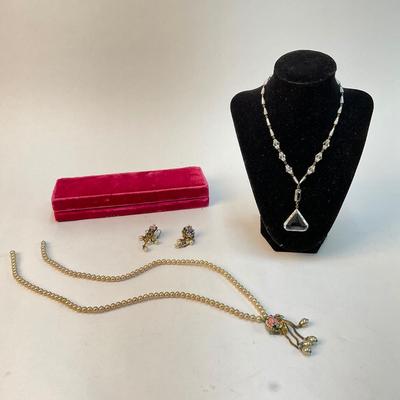 565 Vintage Marvella faux Pearl Necklace & Earring set with Crystal Necklace