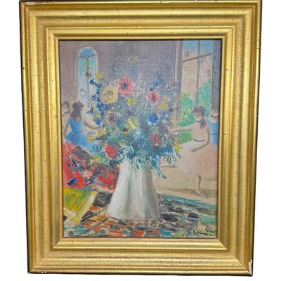 Sale Photo Thumbnail #317: This expressionist piece depicts young ladies dancing, with the focal point being a bouquet of flowers. It is most likely 20th century. Measurement: 12”W x 14”H. Pre-auction estimate: $200-$300. [JP]