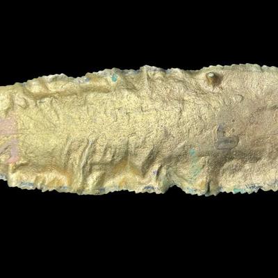 Sale Photo Thumbnail #329: This durable brass trinket tray is not only decorative, but functional. It is made in the manner of Delperier. It has patina commensurate with age. There is no obvious damage to this piece. Measurement: 13”L. [JP]