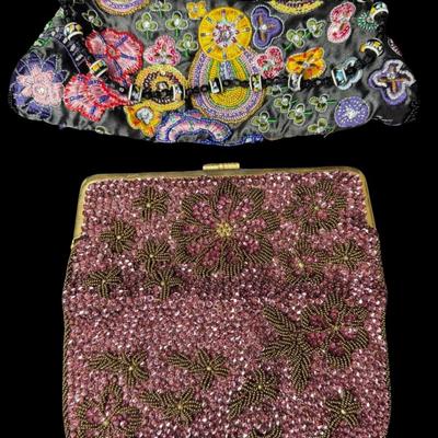 Sale Photo Thumbnail #337: Includes beaded, embroidered, and more. Made in France, Hong Kong, and more. Total of seven pieces. Measurement of largest: 10” x 6”. [JP]