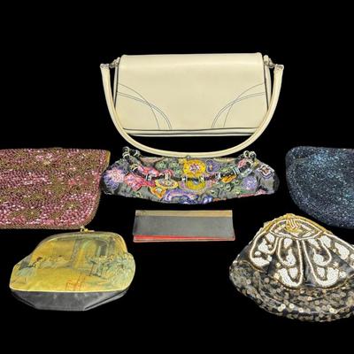 Sale Photo Thumbnail #340: Includes beaded, embroidered, and more. Made in France, Hong Kong, and more. Total of seven pieces. Measurement of largest: 10” x 6”. [JP]