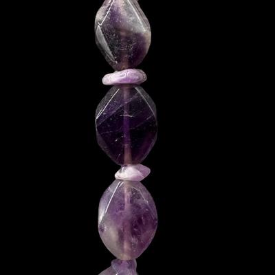 Sale Photo Thumbnail #344: This necklace features amethyst beads, and a raw turquoise pendant. The clasp is marked “925.” The designer is unknown. Measurement: 18”L. [JP]