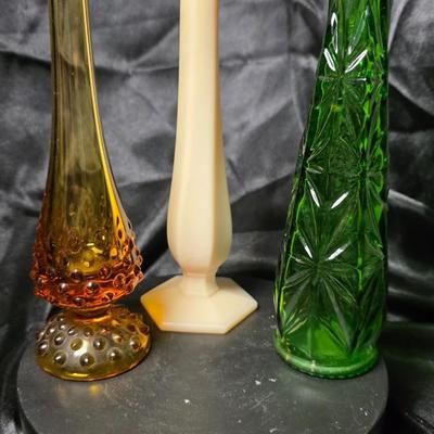Mid-Century Glass Bud Vase Trio – Amber Hobnail Fenton, Satin Hand Westmoreland, and Emerald Starburst Anchor Hocking Set