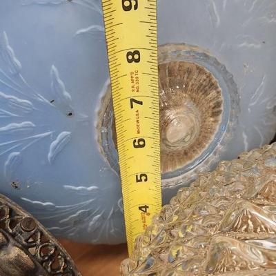 Sale Photo Thumbnail #512: Four vintage lighting pieces. The blue and pink have pull chains, the frosted is just glass and the clear has the whole fixture