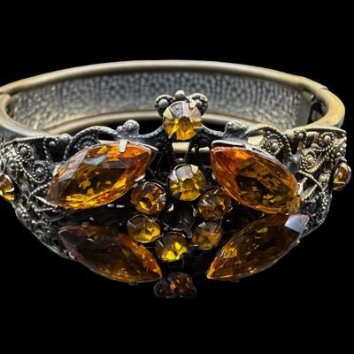 Sale Photo Thumbnail #363: Includes two bracelets with ornate filigree and semi-precious stones; a cameo pendant, and a carved nacre cameo bracelet. Total of four pieces. [JP]