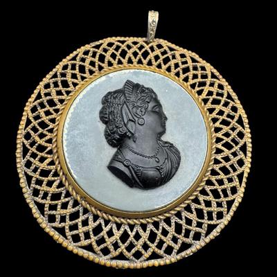 Sale Photo Thumbnail #362: Includes two bracelets with ornate filigree and semi-precious stones; a cameo pendant, and a carved nacre cameo bracelet. Total of four pieces. [JP]