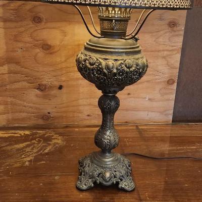 Sale Photo Thumbnail #553: Gorgeous antique lamp with glass shade. Chimney has been replaced. Fantastic piece
