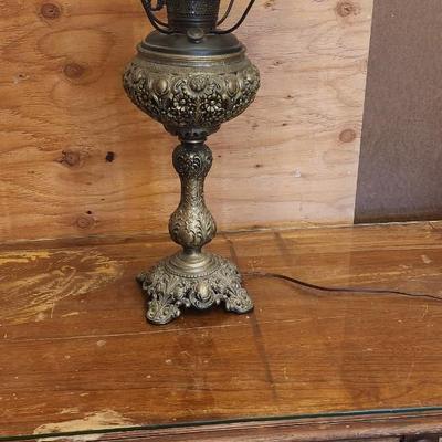 Sale Photo Thumbnail #551: Gorgeous antique lamp with glass shade. Chimney has been replaced. Fantastic piece