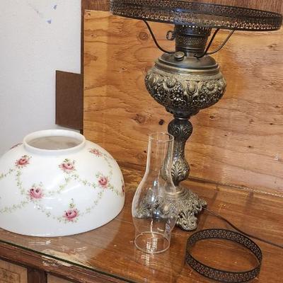 Sale Photo Thumbnail #556: Gorgeous antique lamp with glass shade. Chimney has been replaced. Fantastic piece