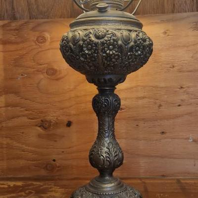 Sale Photo Thumbnail #554: Gorgeous antique lamp with glass shade. Chimney has been replaced. Fantastic piece