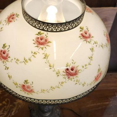 Sale Photo Thumbnail #555: Gorgeous antique lamp with glass shade. Chimney has been replaced. Fantastic piece