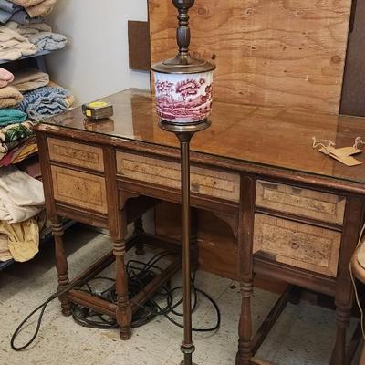 Sale Photo Thumbnail #574: Fantastic old floor lamp with transferware insert.