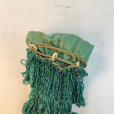 302 Vintage 1920s Emerald green fully beaded knit evening bag with tassel fringe