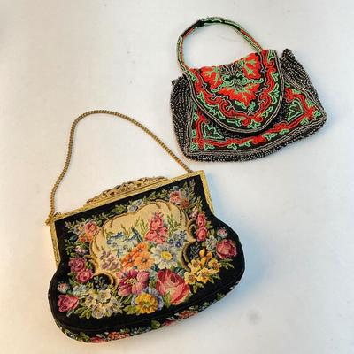 304 Vintage Beaded Bag & Vintage Antique Victorian Black Petit Point Needlepoint Handbag