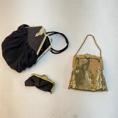 303 Vintage Black Jeweled Clasp Handbag & Vintage Whiting & Davis Gold Mesh Evening Bag with a Rhinestone Clasp