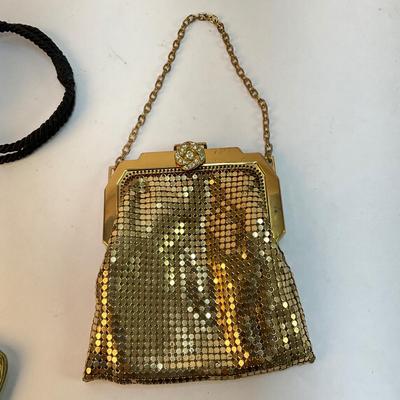 303 Vintage Black Jeweled Clasp Handbag & Vintage Whiting & Davis Gold Mesh Evening Bag with a Rhinestone Clasp