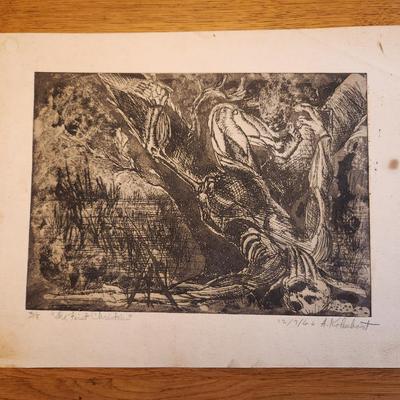 Sale Photo Thumbnail #165: This lot is for a nearly vintage copy of a Lithograph of "The First Christian" by A. Kohnbast (?).  The piece is dated 12/7/66 and is numbered 3/5.
The piece is printed on heavy paperstock.  It measures about 12X18-inches.