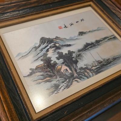 Vintage Chinese Shan Shui Landscape Painting on Silk – Hand-Painted Mountain & Lake Scene in Rustic Wood Frame
