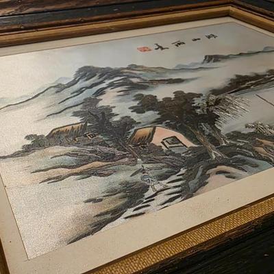 Vintage Chinese Shan Shui Landscape Painting on Silk – Hand-Painted Mountain & Lake Scene in Rustic Wood Frame