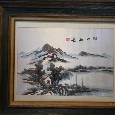 Vintage Chinese Shan Shui Landscape Painting on Silk – Hand-Painted Mountain & Lake Scene in Rustic Wood Frame